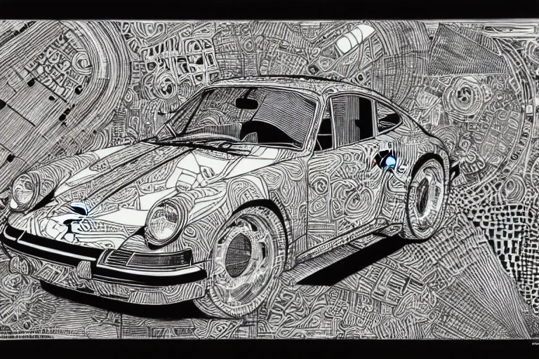 Image similar to a black and white drawing of a porsche 9 1 1, a detailed mixed media collage by hiroki tsukuda and eduardo paolozzi and moebius, intricate linework, sketchbook psychedelic doodle comic drawing, geometric, street art, polycount, deconstructivism, matte drawing, academic art, constructivism