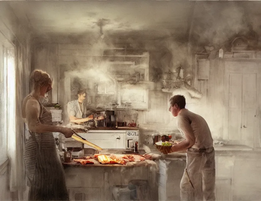 Prompt: jerma 9 8 5 cooking meat in a kitchen in country house, cottage core, cinematic focus, polaroid photo bleached vintage pastel colors high - key lighting, soft lights, foggy, by steve hanks, by lisa yuskavage, by serov valentin, by tarkovsky, 8 k render, detailed, oil on canvas