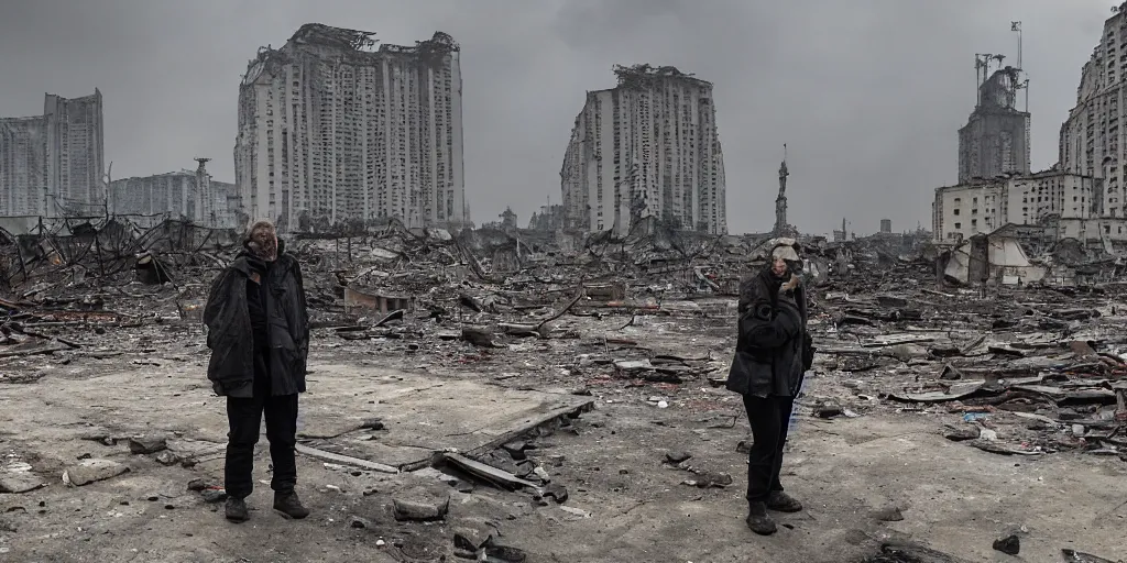 Image similar to one survivor in the middle of the ruins of cyberpunk moscow after the bombing, a minimum of surviving houses, a dim sky, a dead city