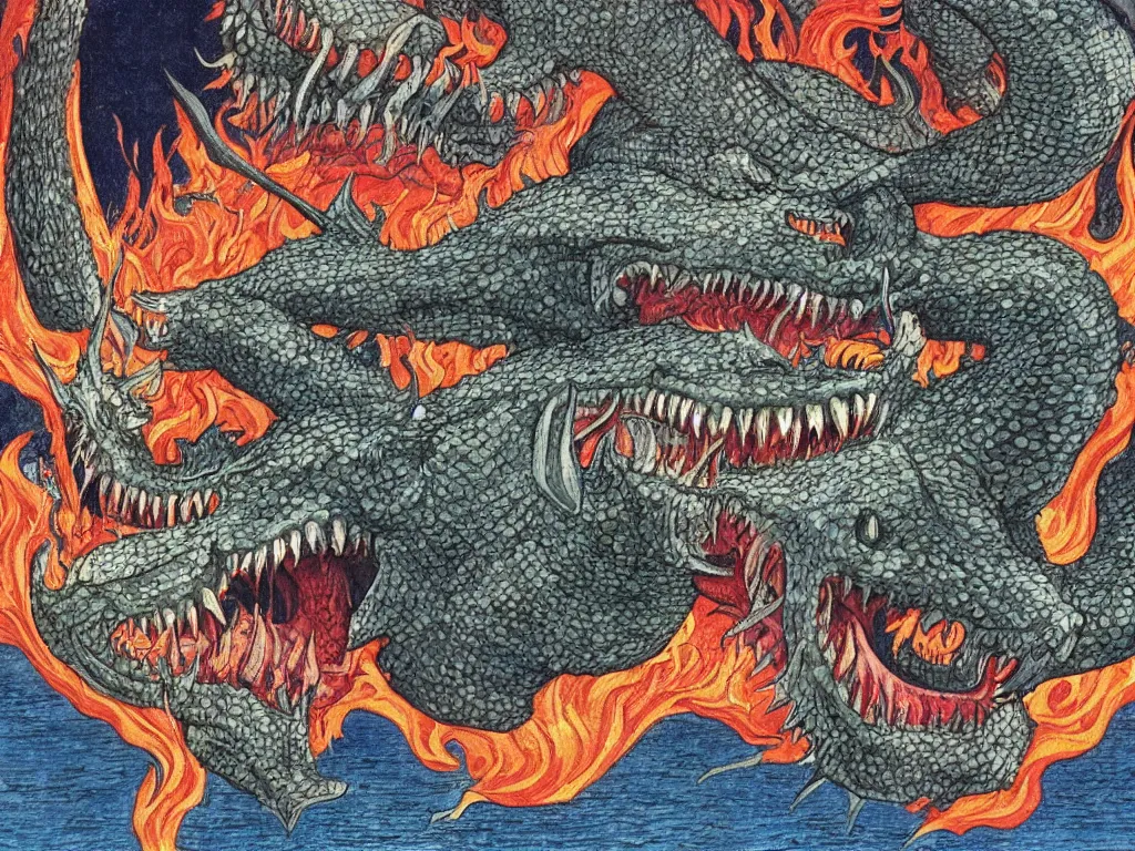 Image similar to close up of the giant open mouth of leviathan devil demon, with row of teeth, flames, snakes, people inside. painting by limbourg brothers, walton ford