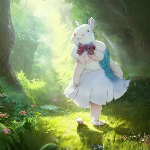 Image similar to concept art painting of a chubby white rabbit wearing a turquoise dress, in the deep forest, realistic, detailed, cel shaded, in the style of makoto shinkai and greg rutkowski and james gurney