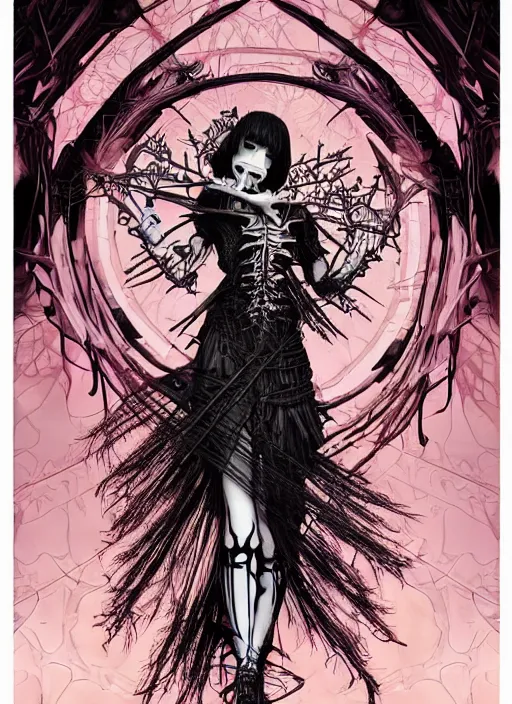 Prompt: cute punk goth fashion fractal skeleton girl posing by Zhang Jingna, poster art by Dan Mumford Kilian Eng Hannah Jeffrey Smith Rick Griffin Alphonse Mucha