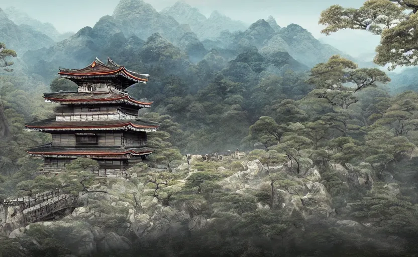 Prompt: highly detailed painting of old, ruined, japanese palace from sengoku period, surrounded by dense rock formations, high in mountains, cinematic lighting, photobash, unreal engine render, nanite