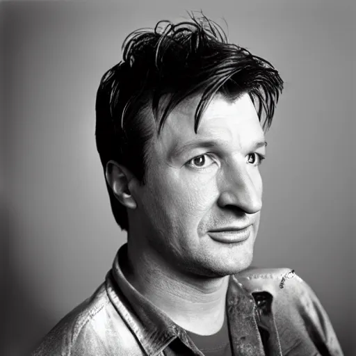 Image similar to photo of Nathan Fillion by Diane Arbus, black and white, high contrast, Rolleiflex, 55mm f/4 lens