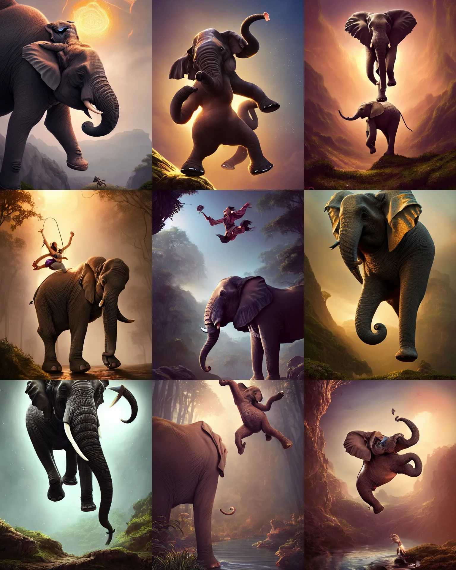 Prompt: full body portrait of happy elephant jumping, fantasy, intricate, epic lighting, cinematic composition, hyper realistic, 8 k resolution, unreal engine 5, by artgerm, tooth wu, dan mumford, beeple, wlop, rossdraws, james jean, marc simonetti, artstation