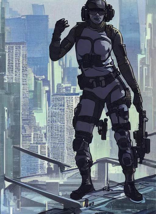 Image similar to Dinah. USN special forces operator looking at city skyline. Futuristic stealth suit. mgs and rb6s Concept art by James Gurney, Alphonso Mucha, matt rhodes, and Sam Hogg.