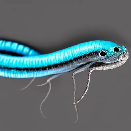 Image similar to studio photograph of a matte dark gray worm with a neon blue head and tail