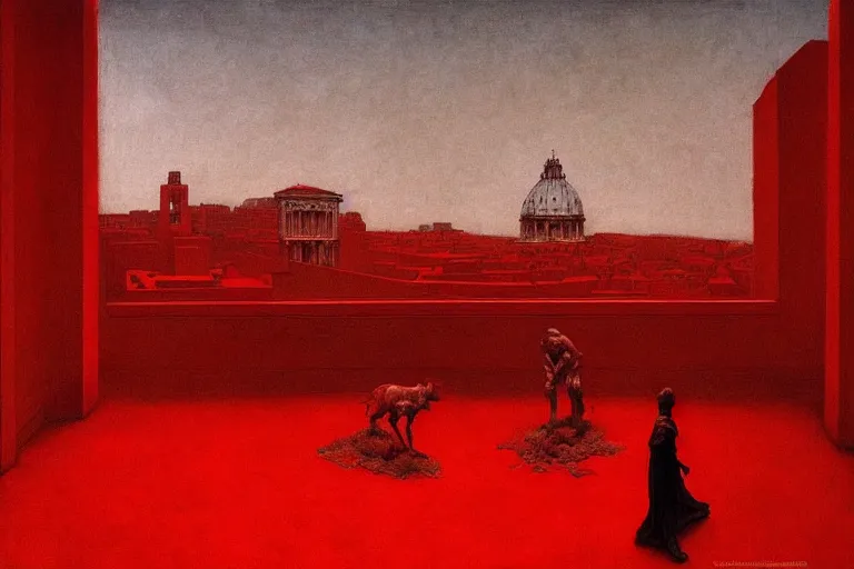 Image similar to only with red, caesar after war, a red tiger, in hoc signo vinces, rome in background, an ancient path, in the style of beksinski, part by hopper, part by rodcenko, part by hofbauer, intricate composition, red by caravaggio, insanely quality, highly detailed, masterpiece, red light, artstation