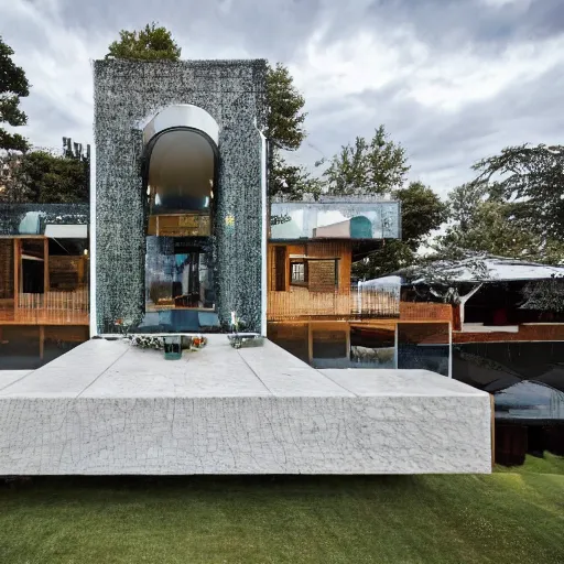 Image similar to a house built entirely from huge diamonds