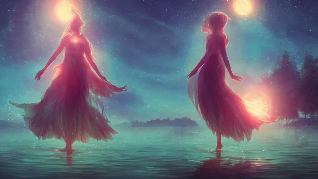 Image similar to a beautiful whimsical goddess standing in a lake basking in the moonlight, underneath a multi-colored binary blackhole with an accretion disc, glowing trails following her arm, by Lois van Baarle, by Greg Rutkowski, by artgerm, by beeple, by studio ghibli, cinematic angle, volumetric lighting, 4k resolution, octane render, trending on artstation, masterpiece