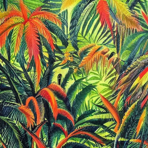 Prompt: jungle. douanier rousseau style. douanier rousseau style. vibrant. amazing painting. beautiful. high resolution. highly realistic. cool tones. close - up.