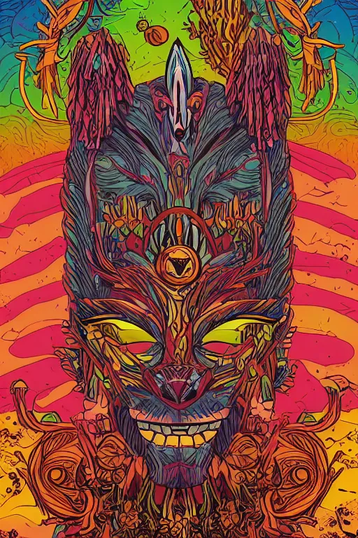 Image similar to animal mask totem roots flower tribal feather gemstone plant wood rock shaman vodoo video game vector cutout illustration vivid multicolor borderlands comics by josan gonzales and dan mumford radiating a glowing aura