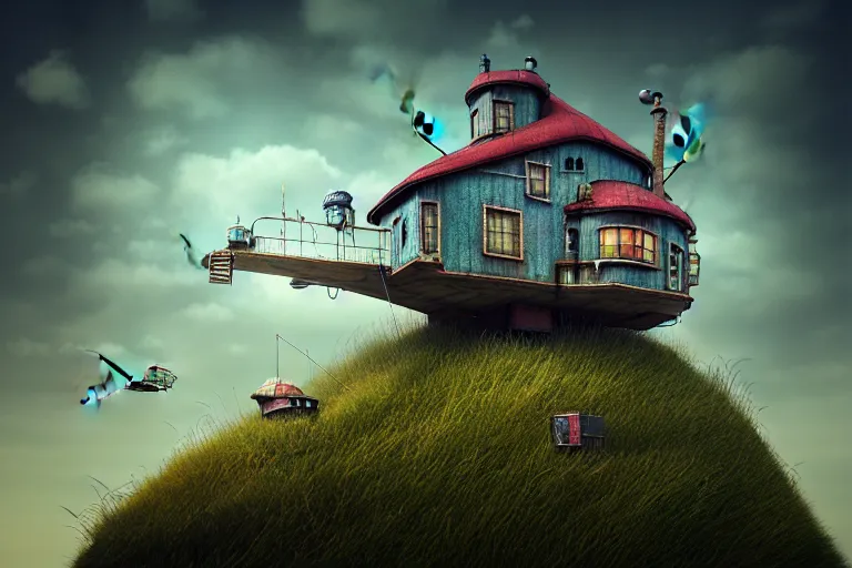 Image similar to photorealistic flying house, many details, Ultra detailed, octane render, by Alexander Jansson