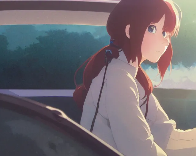 Prompt: a brunnete girl with blue eyes and puffy cheeks driving a car, close up shot from the back of the car, anime art, Greg Rutkowski, studio ghibli, dramatic lighting