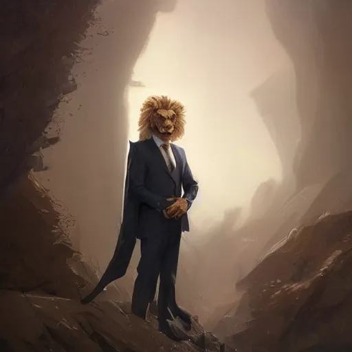 Image similar to A portrait of Lion, in a suit, fantasy art, art by greg rutkowski, matte painting, trending on artstation