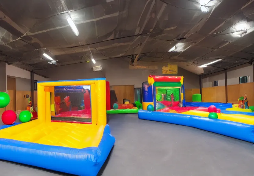 Prompt: A bouncy house with a ball pit and a black trampoline inside a big empty room with light coming through windows