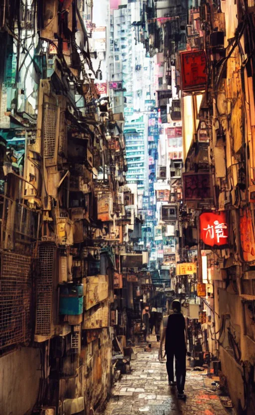 Prompt: a cyberpunk hong kong alley with robots and humans walking around by marcel deneuve