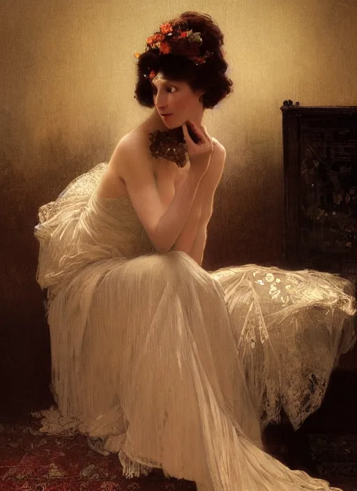 Prompt: a romantic photo of a woman in a dark room wearing lace smoking a cigarette advertisement photography by mucha, nick alm, ruan jia, norman rockwell, greg rutkowski, greg manchess, ethereal, dark, candlelight, pagan, extremely coherent, sharp focus, elegant, sharp features, render, octane, detailed, award winning photography, masterpiece, rim lit