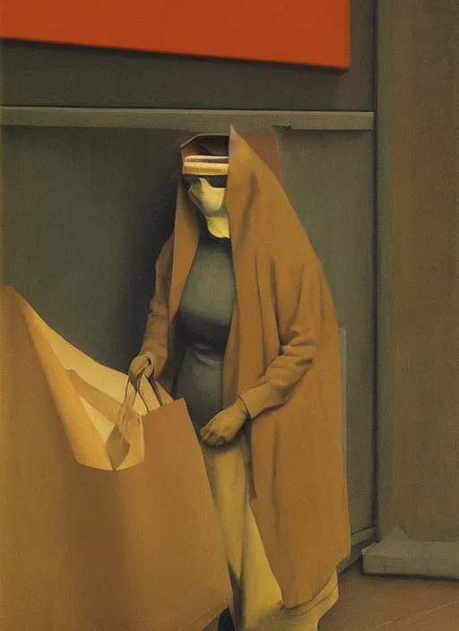 Prompt: woman with a paper bag over the head and a sward at retaurant Edward Hopper and James Gilleard, Zdzislaw Beksinski, Steven Outram highly detailed