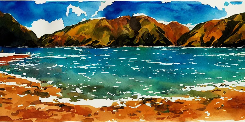 Image similar to golden bay new zealand, abel tasman, colorful watercolor painting, trending on artstation