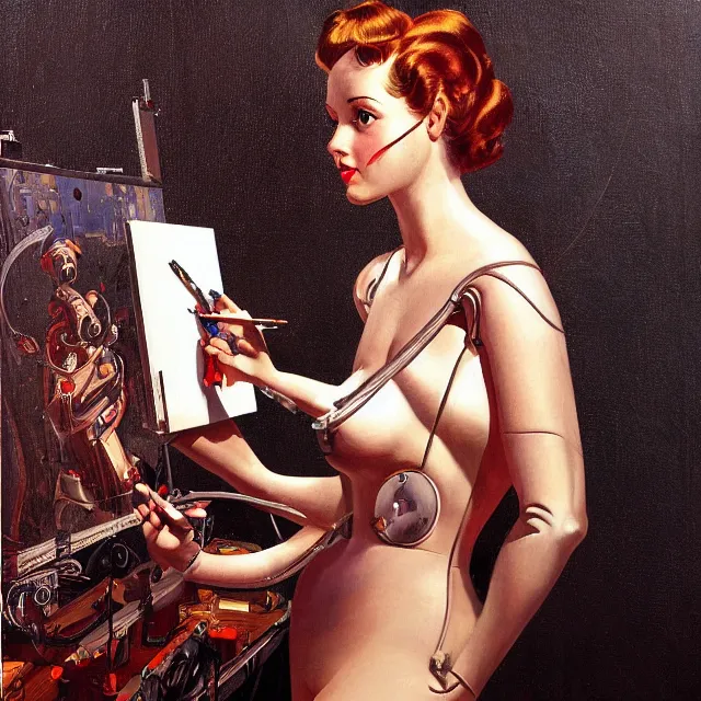 Image similar to robot artist painting a self - portrait on a canvas. intricate, detailed, digital matte painting in the style of gil elvgren and in the style of wayne barlowe. irony, recursion, inspiration.