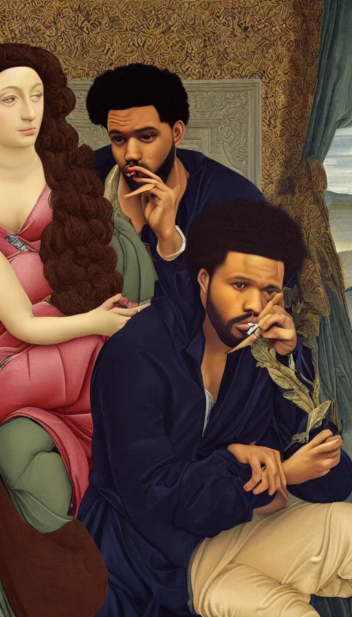 Prompt: drake with the weeknd smoking by botticelli, brown skin, classical painting, digital painting, romantic, vivid color, oil painting