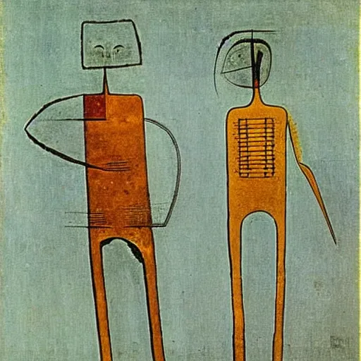 Image similar to Two mechanical beings in a deep conversation. Dali. Paul Klee.