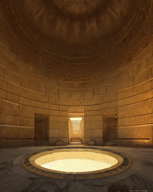 Image similar to greg rutkowski digital painting of an ornate and royal egyptian antechamber tomb, a circular pool in the tomb showing the galaxy, unreal engine, hyper realism, realistic shading, cinematic composition, blender render, octane render, hdr, detailed textures, photorealistic, ultrawide shot, 3 5 mm film