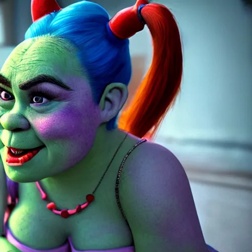 Prompt: Shrek as real-life Harley Quinn, cinematic, Wide-shot, atmospheric lighting, extreme detail, 8K, movie still