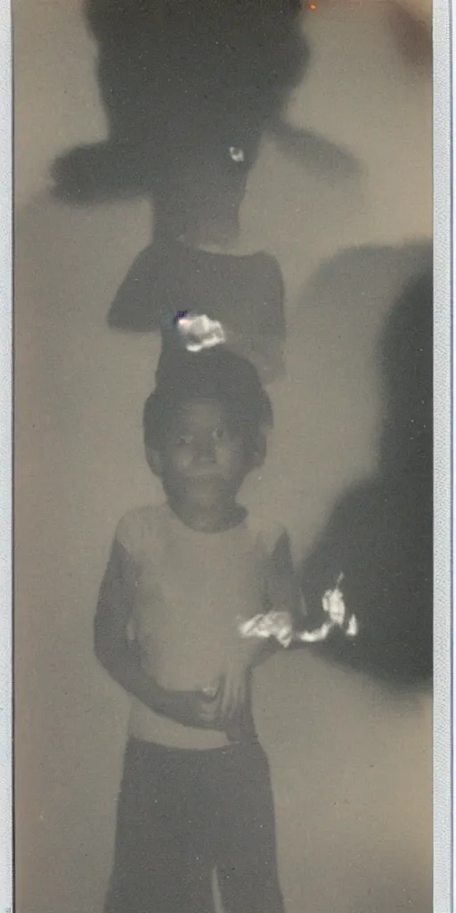 Image similar to found polaroid photo of a young boy with a horrifying shadow demon with glowing eyes looming behind him in a musty basement, detailed real photo