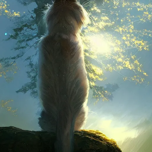 Image similar to concept art, siberian cat shining its light by gingko trees, 8 k, by greg rutkowski, and john howe, background of the sky at dusk by james gurney, artstation