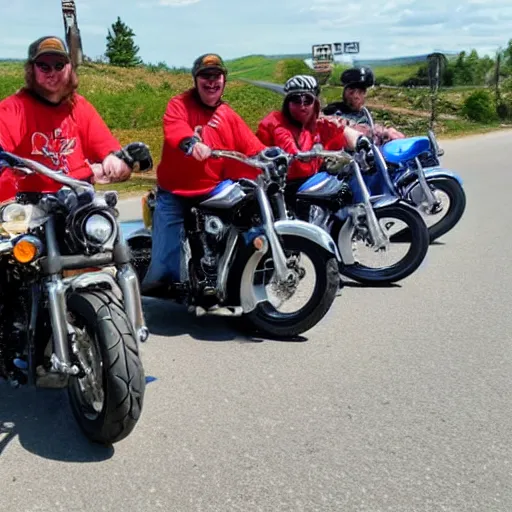 Image similar to bike gang of dwarfs, dwarfs bike gang, open road, motorcycles