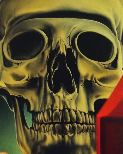 Prompt: a pensive skull observing 8 0 s era technology, vintage shapes, retro technology, vintage color, wayne barlow, oil on canvas, deep depth of field, masterpiece, cinematic composition, hyperdetailed