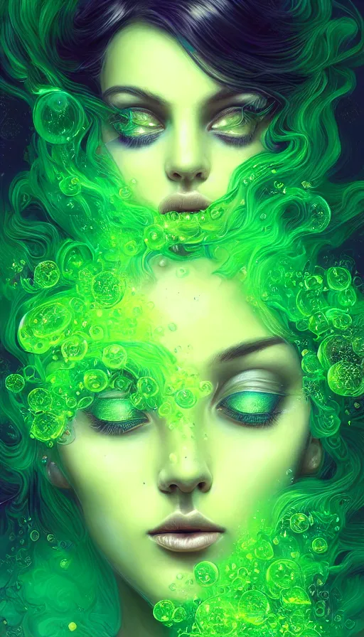 Image similar to portrait of magical green dj , dark fantasy, gradient green black, dreamy and ethereal, (colour) eyes, one head, golden ratio, peaceful expression, ornate frilly dress, fantasy, intricate, elegant, rainbow bubbles, highly detailed, digital painting, artstation, concept art, smooth,b sharp focus, illustration, art by artgerm and greg rutkowski and alphonse mucha