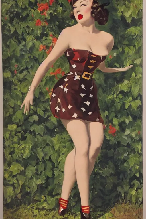 Prompt: a portrait one full body pin up post war dressing a military unioform,garden backgound Gil Elvgren style,center composition,anatomic correct