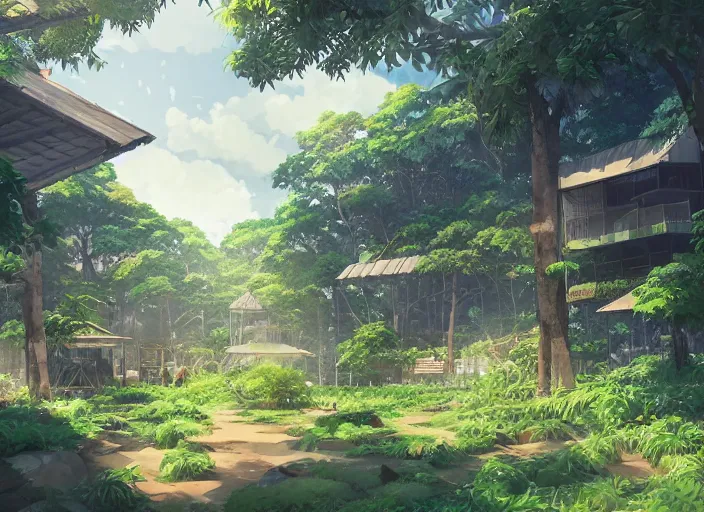 Prompt: A colony under construction in the jungle, peaceful and serene, solarpunk, wide perspective, soft lighting, anime film still, by Makoto Shinkai and studio ghibli, cell shading, high details