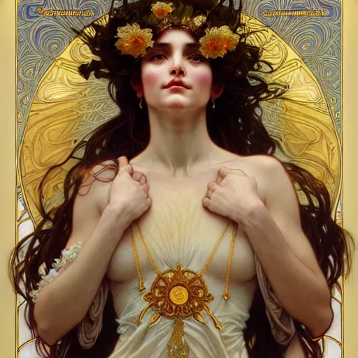 Prompt: carol burnette as the goddess of bliss, fantasy, d & d, intricate, detailed, by by alphonse mucha, adolfo hohenstein, alice russell glenny, stanley artgerm lau, greg rutkowski, detailed, trending on artstation, trending on artstation, smooth