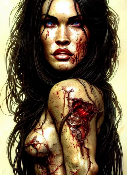 Image similar to portrait of megan fox as damaged zombie, irish, once upon a time, intricate, headshot, highly detailed, digital painting, artstation, concept art, sharp focus, cinematic lighting, illustration, art by artgerm and greg rutkowski, alphonse mucha, cgsociety