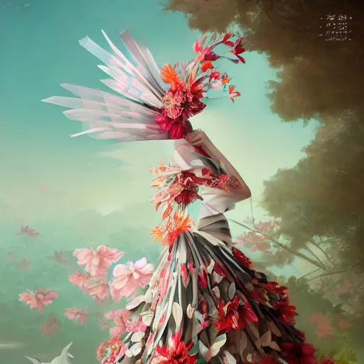 Image similar to 3 / 4 view of a beautiful girl wearing an origami dress, eye - level medium shot, fine floral ornaments in cloth and hair, hummingbirds, elegant, by eiko ishioka, givenchy, hsiao cheng, by peter mohrbacher, centered, fresh colors, origami, fashion, detailed illustration, vogue, japanese, reallusion character creator