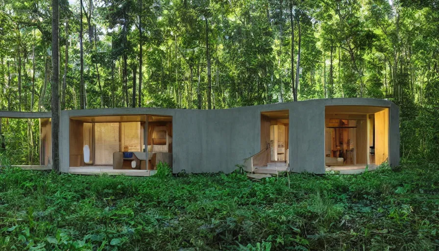 Image similar to A wide image of an eco-community of innovative contemporary 3D printed prefab sea ranch style cabin with rounded corners and angles, beveled edges, made of cement and concrete, organic architecture, in a lush green forest Designed by Gucci, Balenciaga, and Wes Anderson, golden hour