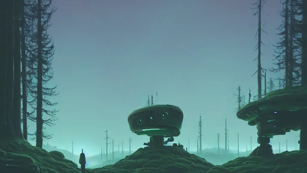 Image similar to alien landscape by simon stalenhag, beeple, makoto shinkai, digital painting, trending on artstation, beautiful, weird, another universe, alien foliage plants, alien flowers, robot