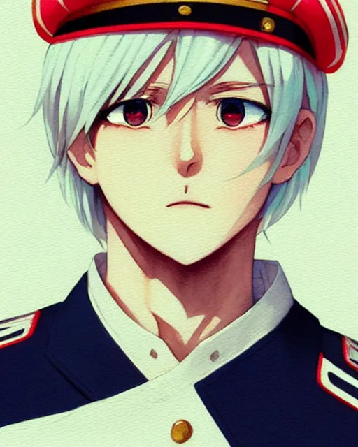 Image similar to a 3 / 4 view portrait of a feminine anime boy with white hair wearing soviet sailor outfit and a sailor hat, pixiv, artstation, art by artgerm ilya kuvshinov makoto shinkai and ( valentin bernardsky ), watercolor, sharp focus, cute, kawaii, high quality