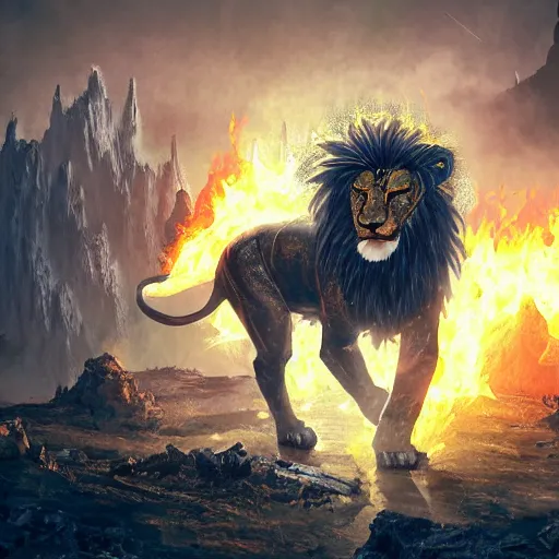 Image similar to Lionman with white hair and glowing yellow eyes wearing leather armor, walking towards the camera, burning city in background, charred landscape, full body art, wielding a longsword, fantasy art, Dim Lighting