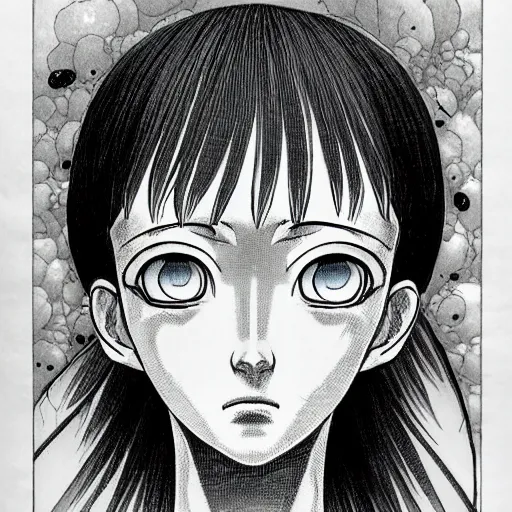 Prompt: prompt: Fragile looking vessel portrait face drawn by Katsuhiro Otomo, inspired by smithe one, magical and alchemical objects on the side, soft light, white background, intricate detail, intricate ink painting detail, sharp high detail, manga and anime 2000