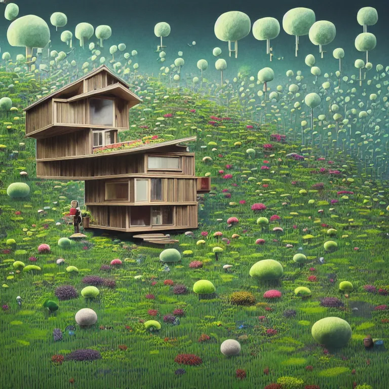 Image similar to tiny house by kengo kuma on island sea cloud surreal art by gediminas pranckevicius geof darrow jason naylor, dark shadows, hard lighting, floralpunk flower green plants garden, inking etching screen print, masterpiece artstation, sharp, colorful high contrast hd, 8 k hyper detailed, octane render