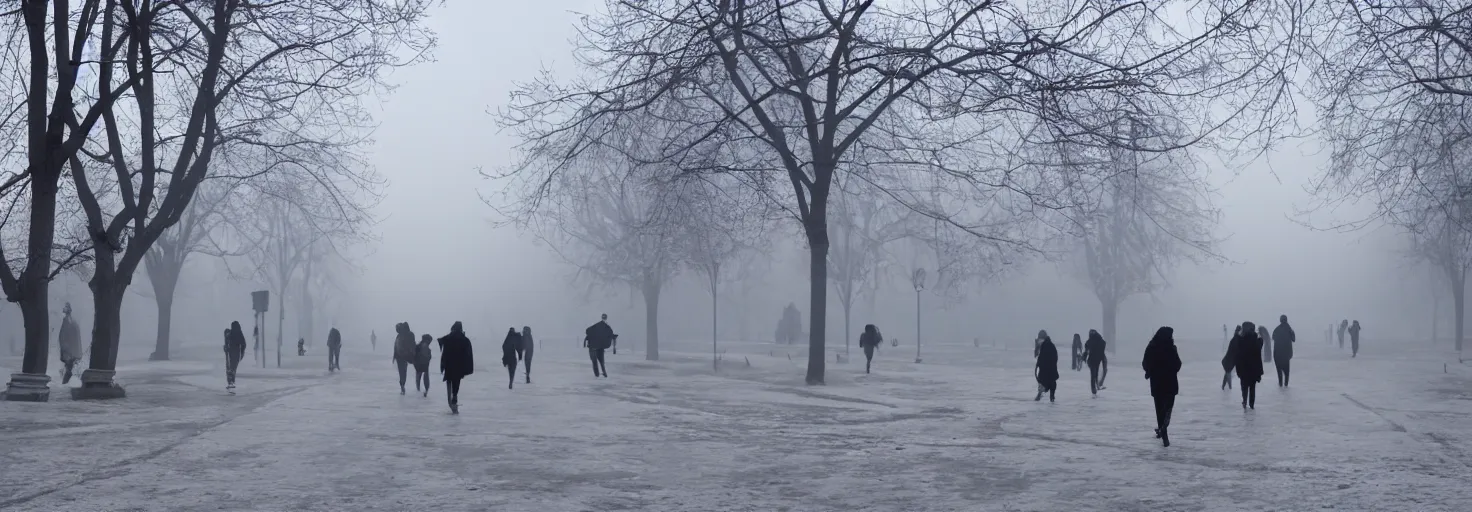 Image similar to Bucharest center in winter at dawn with people walking, mist, very very very very very very beautiful