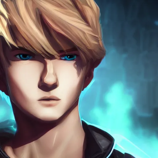 Image similar to league of legends character style of teenager boy, blonde hair, blue eyes, close up, cinematic light, dark room, detailed, photo, 8K