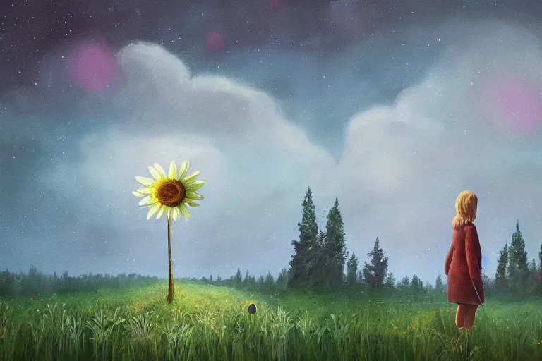 Prompt: giant daisy flower as a head, girl walking in forest, surreal photography, dark night, stars, moon light, impressionist painting, clouds, digital painting, artstation, simon stalenhag