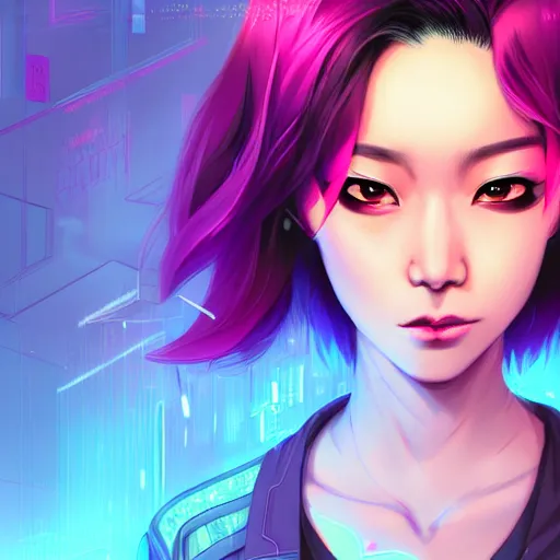 Image similar to a portrait of a young asian cyberpunk woman with purple hair, art by lois van baarle and loish and ross tran and rossdraws and sam yang and samdoesarts and artgerm and saruei and disney, digital art, highly detailed, intricate, sharp focus, trending on artstation hq, deviantart, unreal engine 5, 4 k uhd image