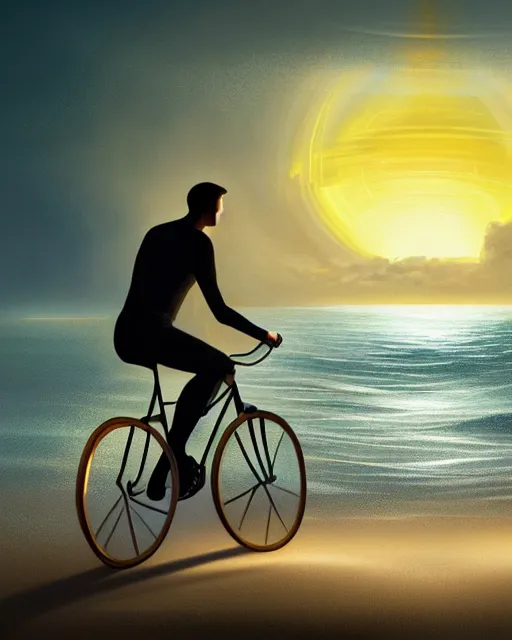 Image similar to photo of man riding a bicycle along the beach that is lit by glowing organisms underwater toward a lighthouse in the distance, wide horizon, large white clouds, intricate, elegant, highly detailed, digital painting, artstation, concept art, smooth, sharp focus, illustration, art by artgerm and greg rutkowski and fra angelico